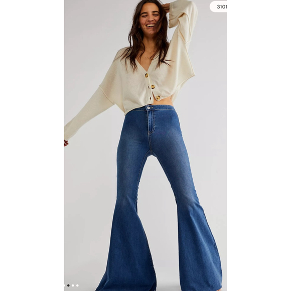 Free People We The Free Just Float On Flare Jeans Blue Size 31 Wide Leg Boho - Picture 1 of 12